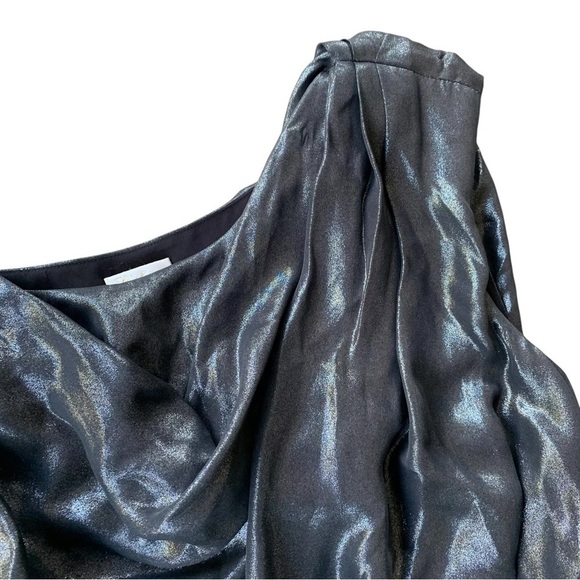 Shoshanna Silk Draped Shimmer Cocktail Mini Dress Metallic Gray Black Size 8 - Picture 4 of 8
